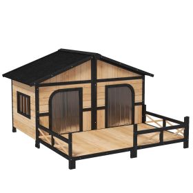PawHut 59"x64"x39" Large Wooden Dog House Raised Weatherproof Rustic Log Cabin Style Elevated Pet Shelter Porch Deck, Natural PawHut 59"x64"x39" Large Wooden Dog House Raised Weatherproof Rustic Log Cabin Style Elevated Pet Shelter Porch Deck, Natural